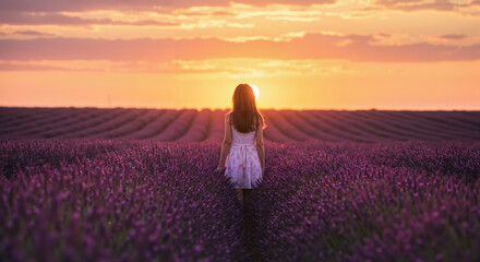 Girl walking in lavender field during sunset with purple flowers