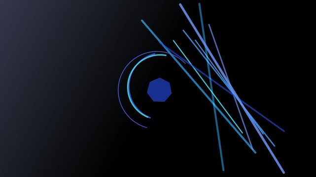 Abstract geometric composition featuring a blue heptagon, curved lines, and straight lines against a dark background, creating a modern and minimalist design