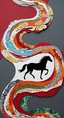 Obraz premium Paper Art with Horse Silhouette and Asian Pattern Details