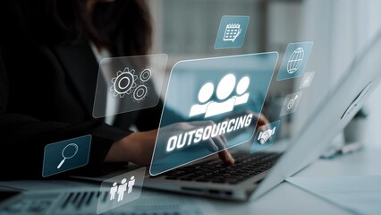 Outsourcing concept showing collaboration, delegation, global workforce, productivity, and task...