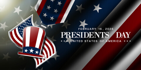 February 16 2026 is President's Day. America flag, hat and light. Great for cards, banners, posters, social media and more. Dark blue background.   
