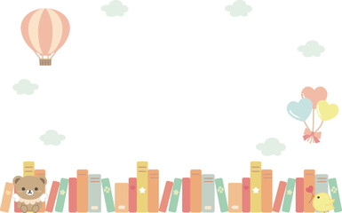 Reading Adventure Frame: Cozy Bookshelf & Sky View with Balloons and Clouds, Horizontal Vector Background