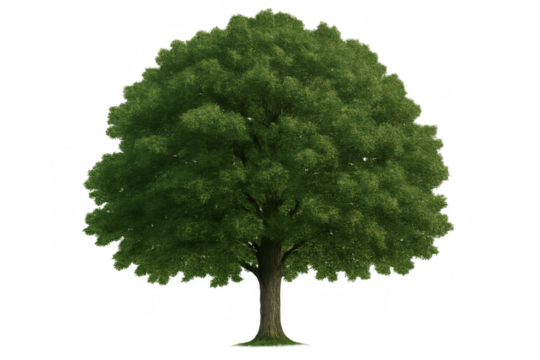 Green deciduous tree with full, green foliage and a sturdy trunk, standing alone, representing ecology, growth, and natural beauty