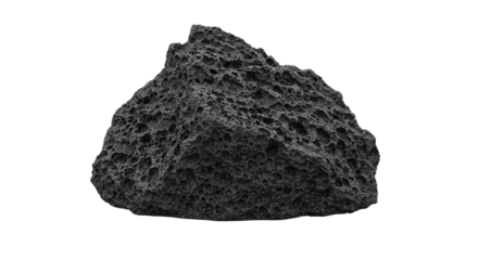 Volcanic rock sample with porous texture against a black studio background