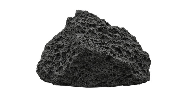 Volcanic rock sample with porous texture against a black studio background