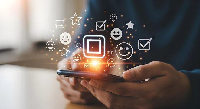 Man using smartphone with social media icons floating above the screen - Powered by Adobe