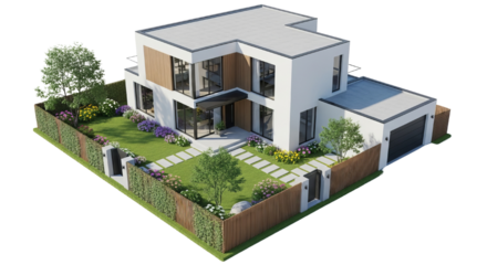 Modern house with garden and garage showcasing contemporary architecture and landscaping