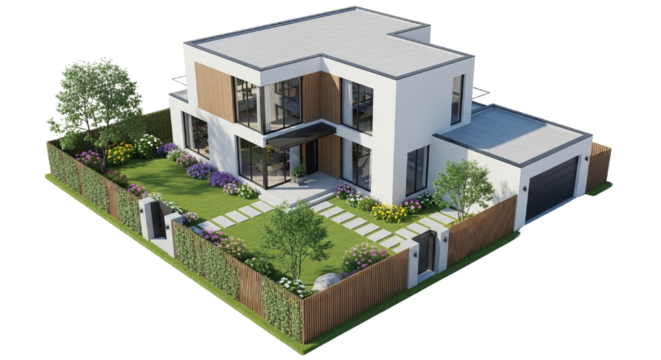 Modern house with garden and garage showcasing contemporary architecture and landscaping - Powered by Adobe