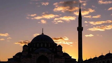 Majestic mosque silhouette stands tall against a vibrant sunset sky showcasing islamic architecture and cultural heritage in a serene landscape - Powered by Adobe