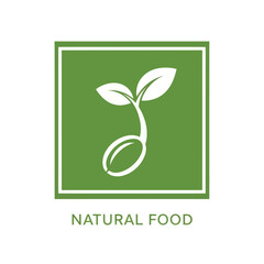 Natural food logo with a green square and a sprouting seed design.