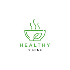 Healthy Dining Logo with Bowl, Leaf, and Steam in Green Outline.
