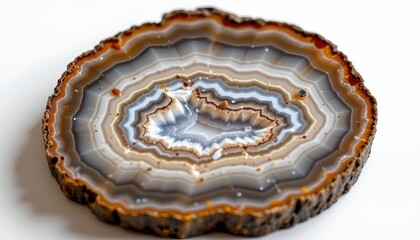 A single large agate slice with multiple colors and patterns, presented against a white background.