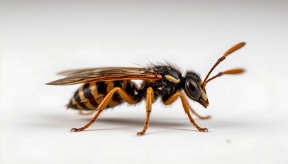 A close up of a bee hovering in front of a white background.