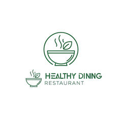 Healthy dining restaurant logo with a steaming bowl and leaf icon.