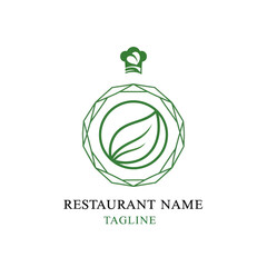 Elegant Restaurant Logo Design with Chef Hat and Leaf in Geometric Frame.