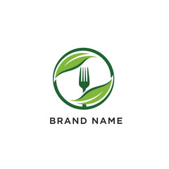 Healthy food brand logo with fork and leaves design concept.