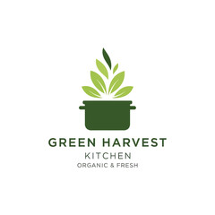 Green Harvest Kitchen Logo Depicting Fresh Organic Food Preparation.