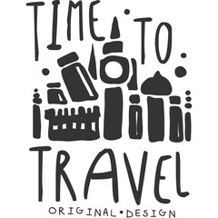 Time To Travel Typography Design With Iconic Landmarks In Black And White With Transparent Background