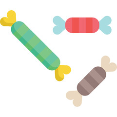 Three Wrapped Candies in Green Red and Brown Colors with Yellow Blue and Beige Ends on a Transparent Background Isolated Simple Flat Design