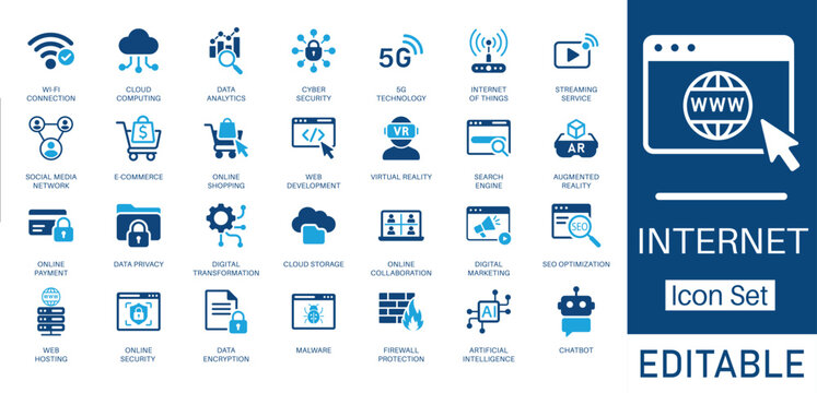 Internet and Digital Technology Solid Icon Set. Featuring 5G, Artificial Intelligence, Cloud Computing, and Cyber Security. Flat vector design for digital transformation and smart network projects.