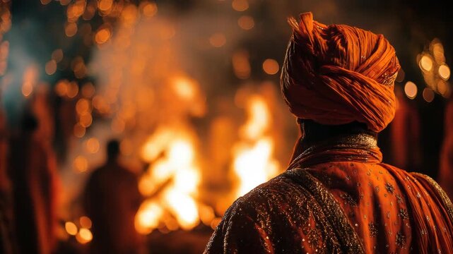 Indian wedding ceremony with turban man facing the fire at night