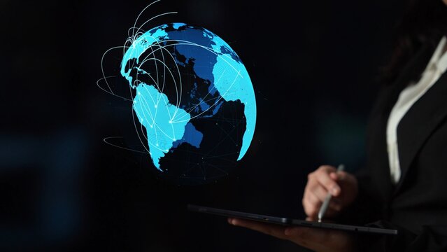 Global network connection visualization showing data exchange, digital link, worldwide communication. Global data flow and digital network infrastructure connecting regions around the world. Thunk
