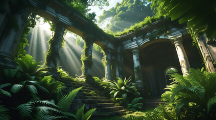 Abandoned Stone Architecture Reclaimed by Jungle, Lush Foliage, Sunlight Rays, Cinematic Fantasy Landscape