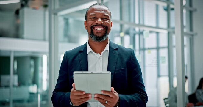 Face, employee and man with tablet, office and happy with research for wealth management and online. Investment banker, smile and mature person with technology for financial review, info or scroll