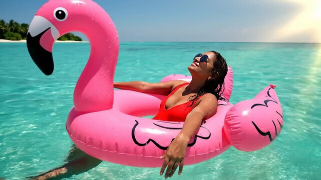 Woman Floating on Inflatable Flamingo in Tropical Ocean, Relaxing