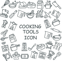Trendy line art cooking tools icon set featuring kitchen utensils, cookware, food prep elements, and culinary doodle. Perfect for recipe design, branding, menu graphics, and modern food illustration.