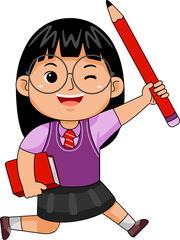 Illustration of Schoolgirl Holding Pencil and Notebook