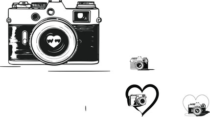Line drawing of camera with heart-shaped lens
