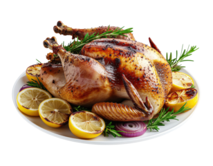 Whole Roasted Chicken Garnished with Lemon Slices and Fresh Herbs on a Platter