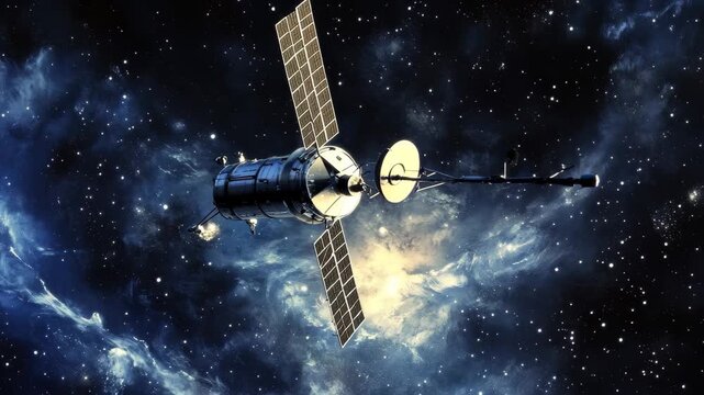 Rogue derelict satellite adrift in the vastness of space with solar panels extended, A rogue derelict satellite lost in space