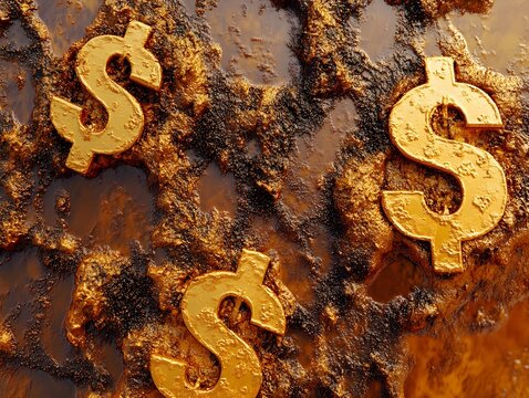Golden dollar symbols emerging from rich textured ore surface - Powered by Adobe