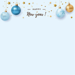 Merry Christmas greeting card vector white background design. Christmas hanging blue colored balls in glitter and gold shiny decoration elements. Vector illustration holiday season elegant card. 