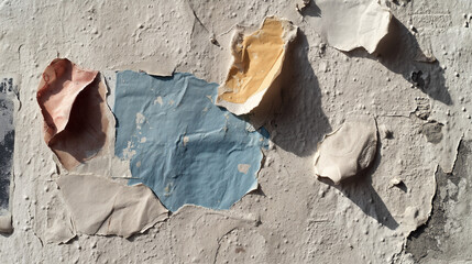 Close up of a weathered wall with torn paper remnants, rough textures and peeling layers, abstract urban background ideal for grunge design, decay concepts, street art, and distressed visuals.