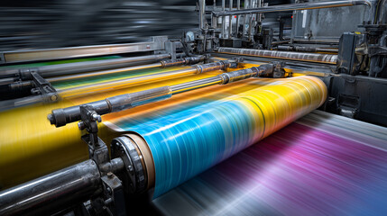 Close up view of an industrial printing press machine in operation, showing precision rollers, ink flow, and high speed production for commercial printing and manufacturing environments.