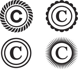 Four distinct black copyright C symbols in decorative circular frames icon mark