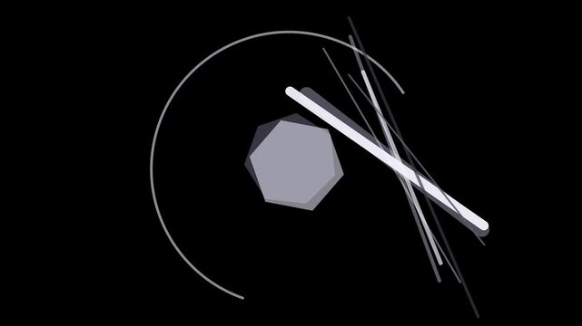 A geometric composition featuring a gray heptagon intersected by lines, set against a stark black backdrop, creating a minimalist and abstract design