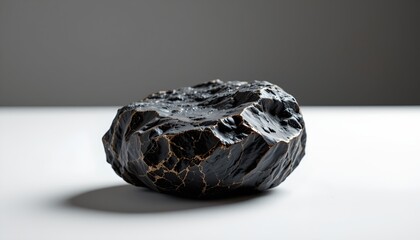 This is an image that features a large, spherical black rock prominently placed against a white background