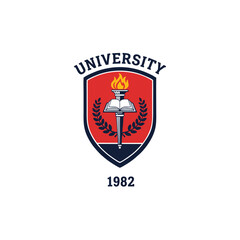 An academic emblem featuring a blue shield, open book, golden torch, and laurel wreath with the year 1982.