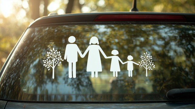 Close up of white family stick figure decals on a car rear window, symbolizing family, love, safety, parenting, and personal identity, ideal for concepts of lifestyle, travel, and relationships.