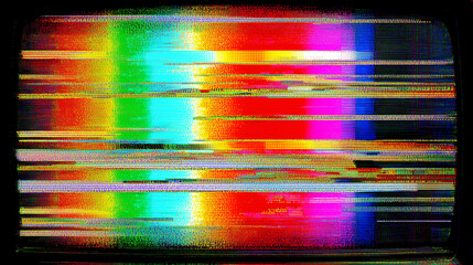 Colorful TV screen glitch with horizontal static lines, digital noise and retro broadcast distortion. Abstract technology background for media, cyber and creative design.