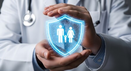 Secure your family's health with comprehensive medical coverage presented by caring doctor, offering peace of mind and protection today