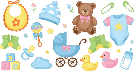 Obraz premium Colorful baby item collection, nursery essentials and toys, infant care accessories, playful newborn icons, flat vector illustration