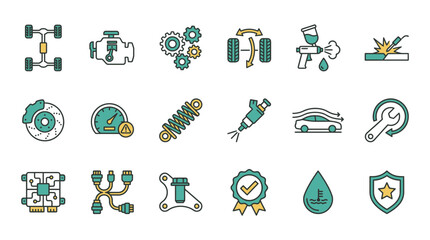 Automotive engineering icons showcasing engine repair, car maintenance, and auto parts for professional vehicle service and reliable transportation solutions, originally a vector graphic