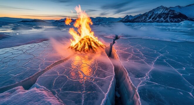 Fiery contrast: Bonfire blazing atop a fractured glacial ice landscape in remote wilderness