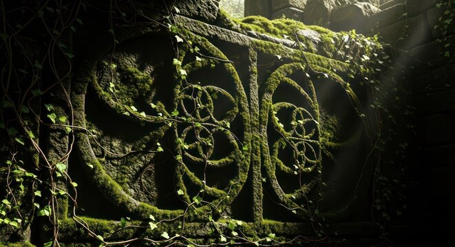 Ancient moss-covered stone carvings adorned with trailing vines whisper tales of forgotten times