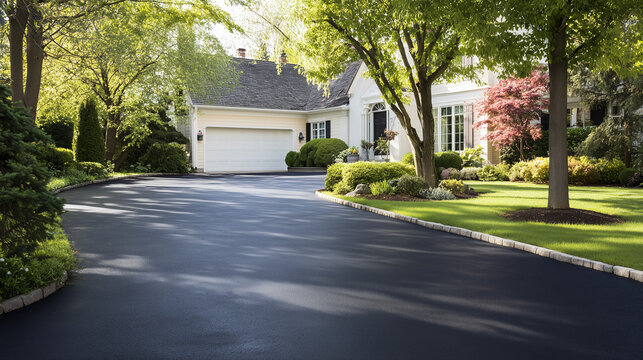 Freshly paved asphalt driveway in front of a suburban white house, clean and smooth surface symbolizing home improvement, residential construction, real estate, and modern neighborhood living.